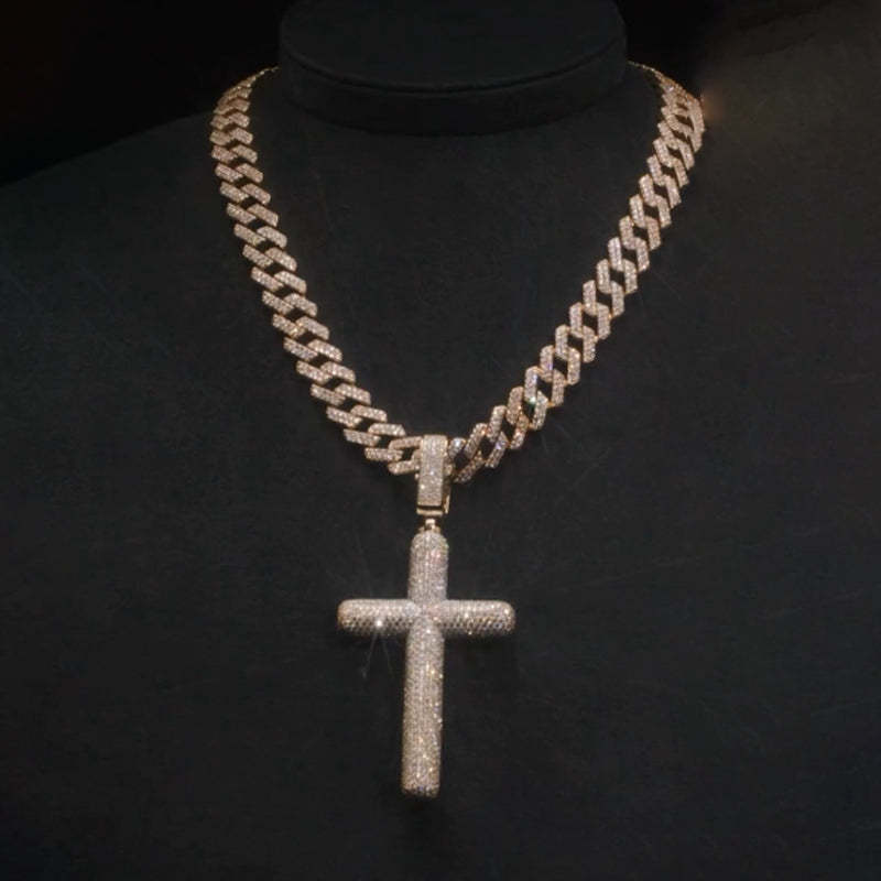 Moissanite Cross Pendant Cuban Chain Set