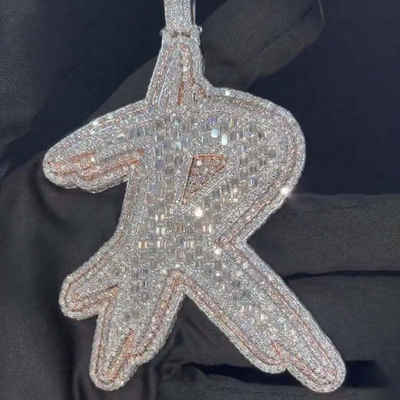 Moissanite R Letter Baguette Pendant