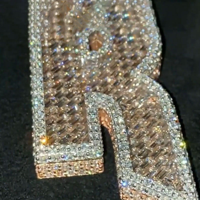 Moissanite Fully Iced Baguette Cut "R" Letter Pendant