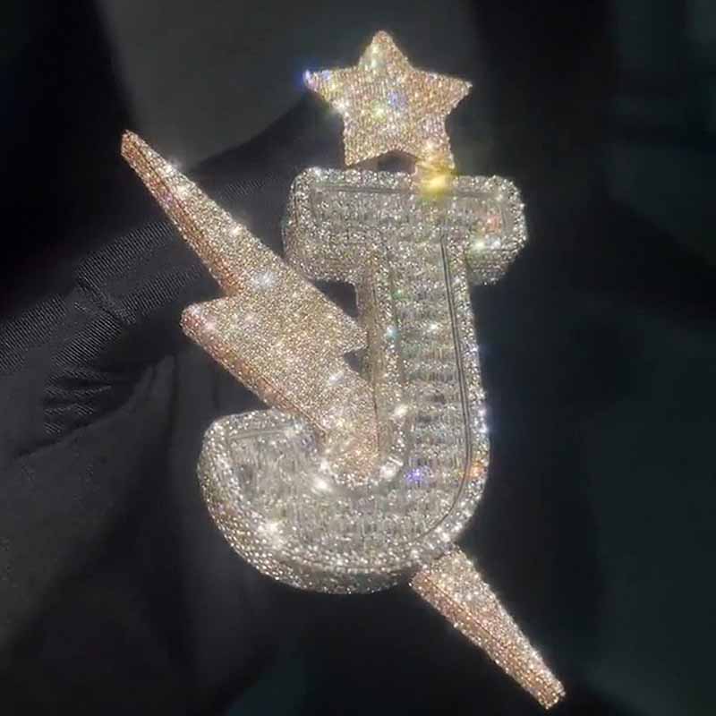 Moissanite Hip Hop 3D Star Lightning Letter "J" Pendant