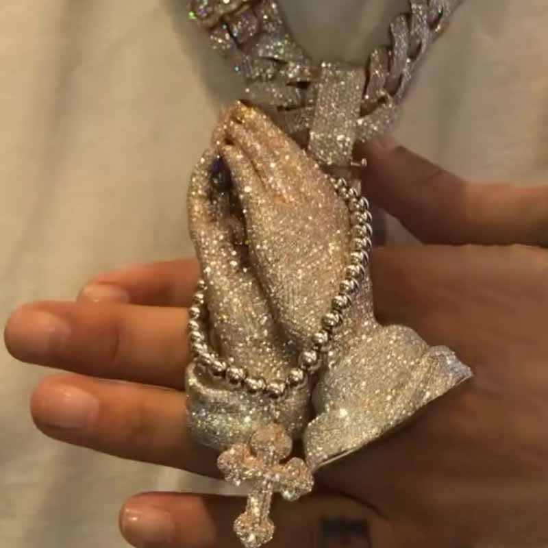 New Moissanite Praying Hands Cross Pendant