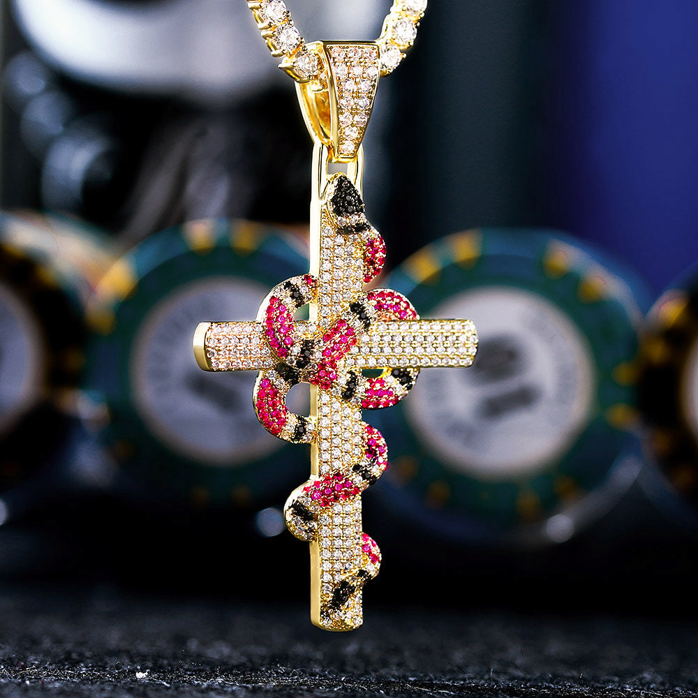 Iced Out Mens Cross Nacklace with Coral Snake Twist Pendant in 14K Gold