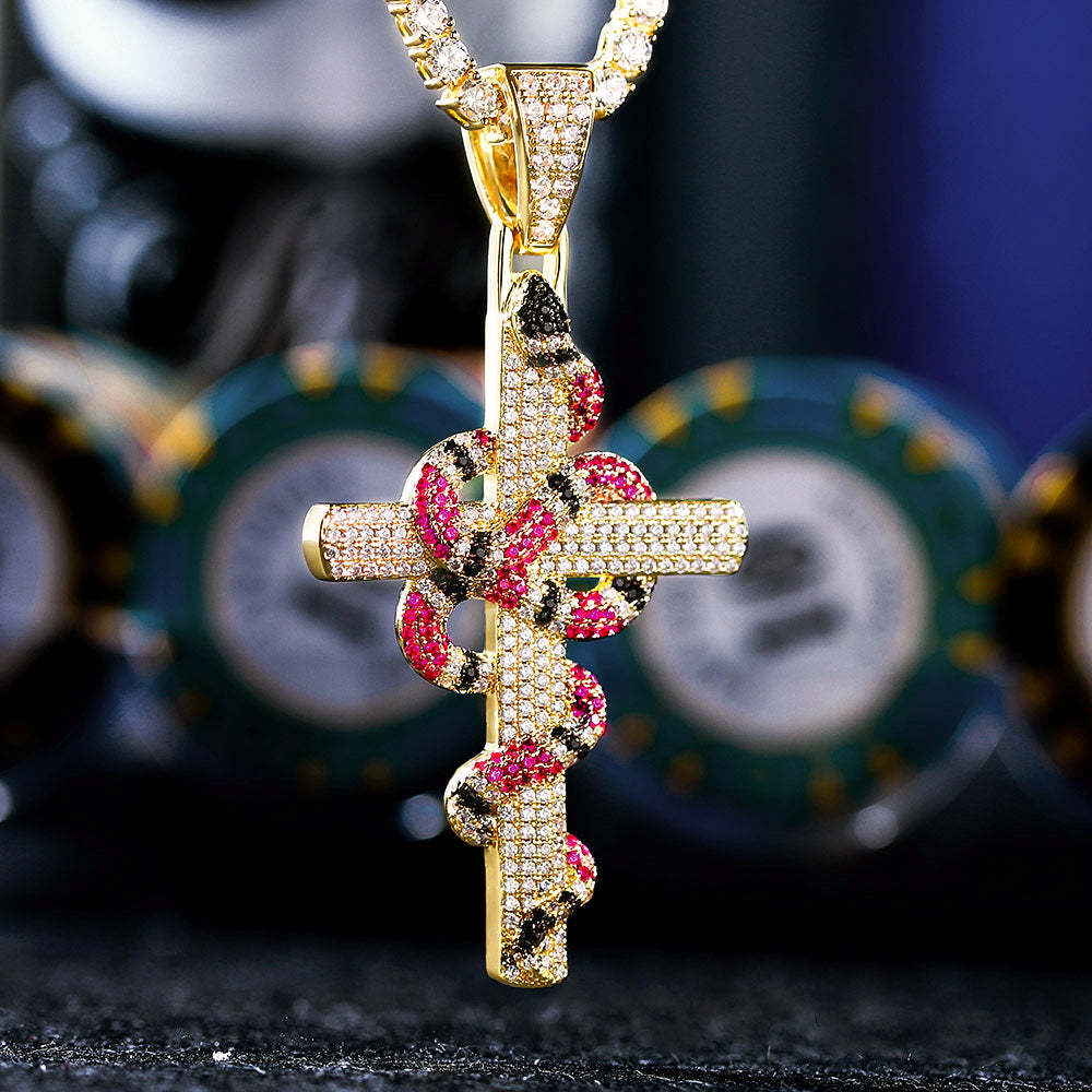 Iced Out Mens Cross Nacklace with Coral Snake Twist Pendant in 14K Gold