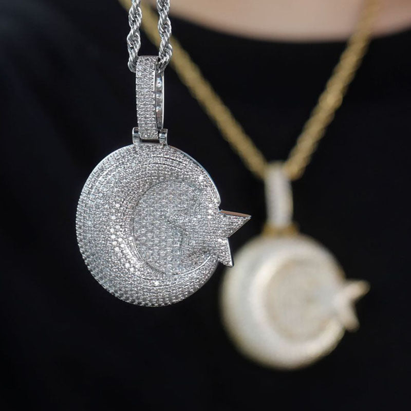 Moissanite Moon Star Combination Round Solid Pendant