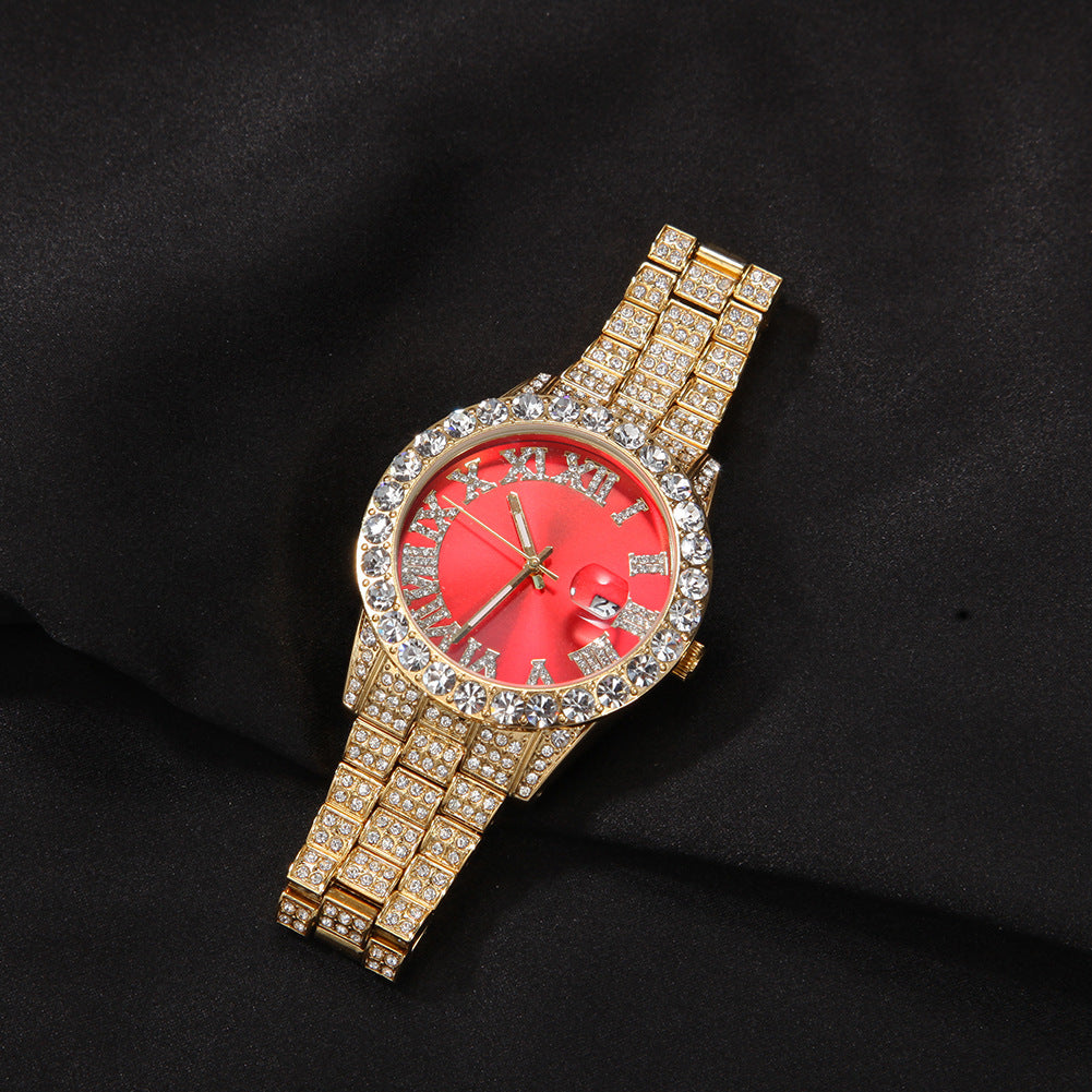 Iced Roman Numerals Red Dial Men's Watch in Gold