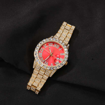 Iced Roman Numerals Red Dial Men's Watch in Gold