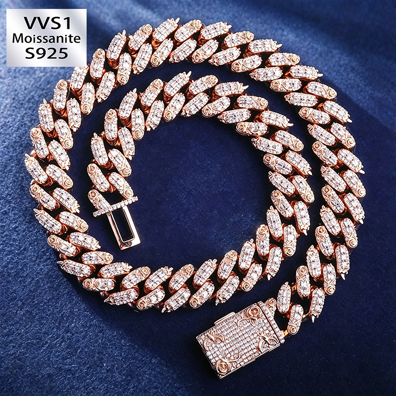 S925 Silver Moissanite Floral Relief & Dove Cuban Chain