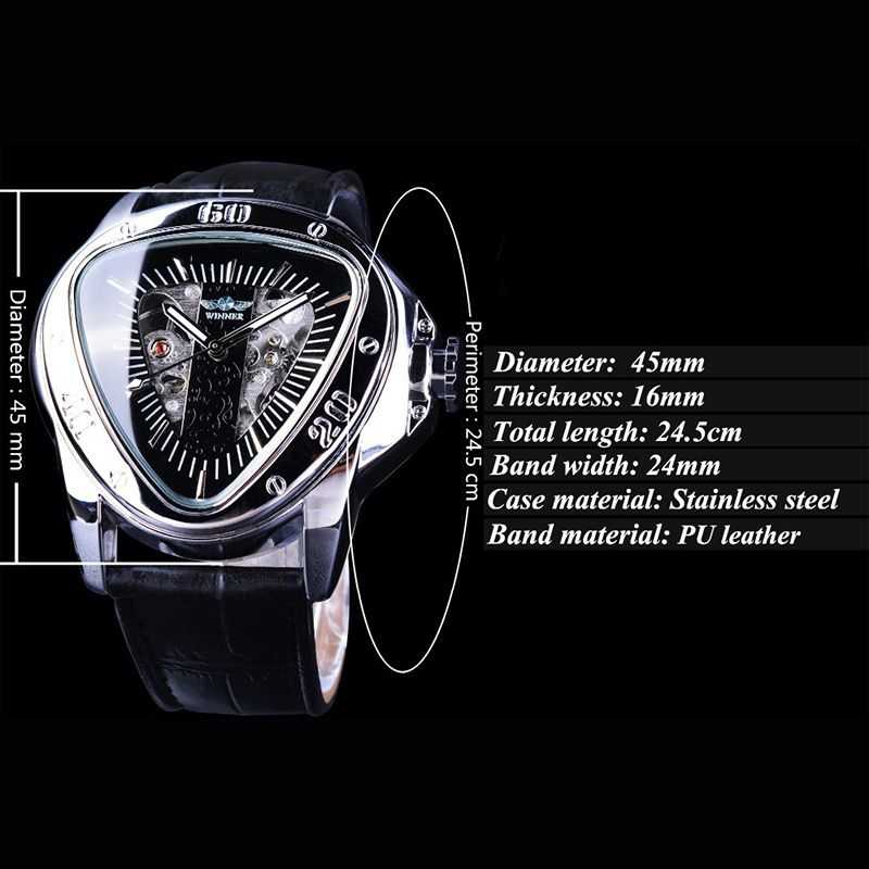 Triangle Skeleton Mechanical Watch with Black Leather Strap