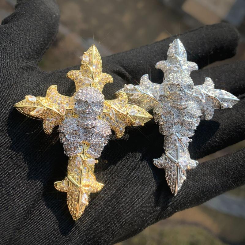 Moissanite Hip Hop Skull Rose Cross Pendant