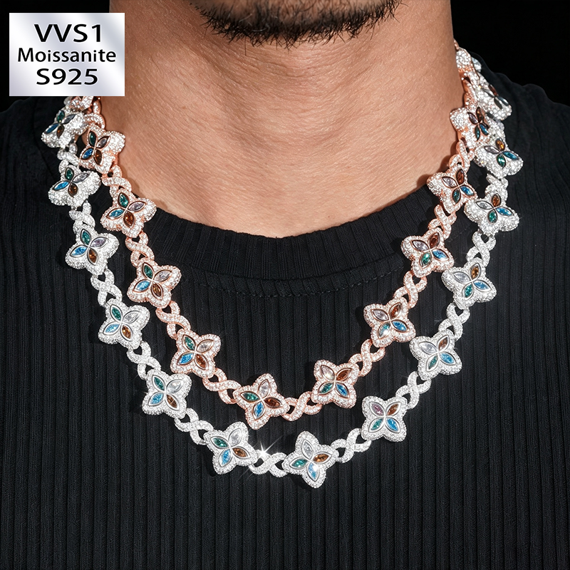 18mm S925 Moissanite color clover Chain Cuban Chain