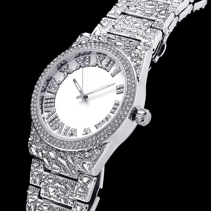 Iced Nugget Style Roman Numerals Watch in White Gold