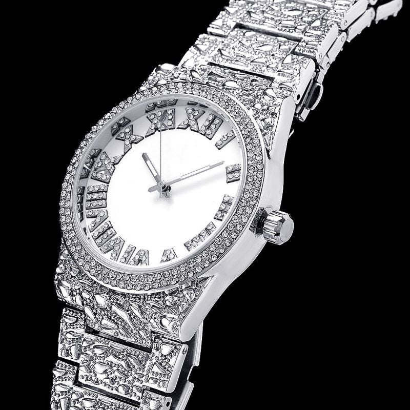 Iced Nugget Style Roman Numerals Watch in White Gold