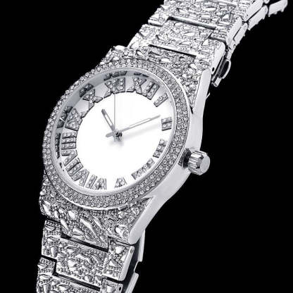 Iced Nugget Style Roman Numerals Watch in White Gold