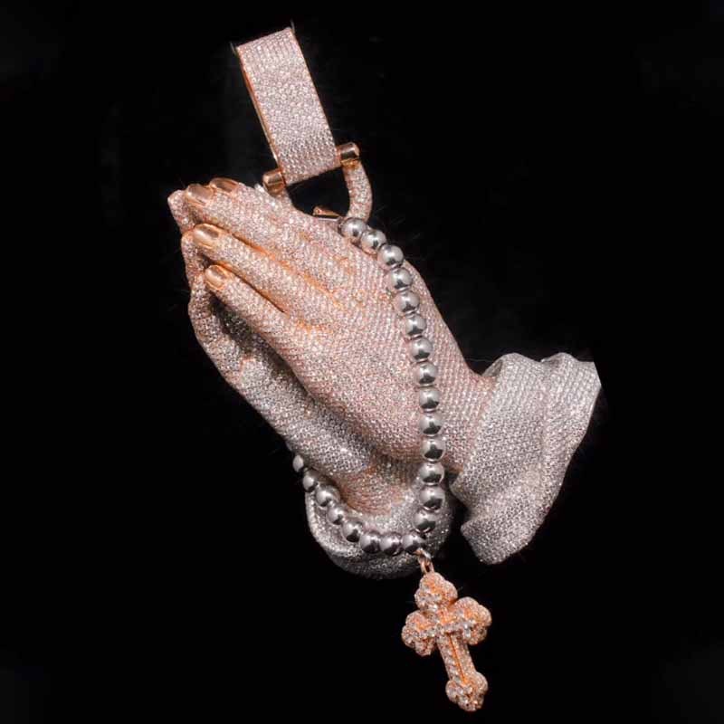 New Moissanite Praying Hands Cross Pendant