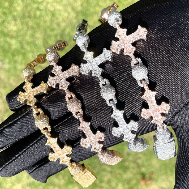 Moissanite Hip Hop Round Bead Cross Bracelet