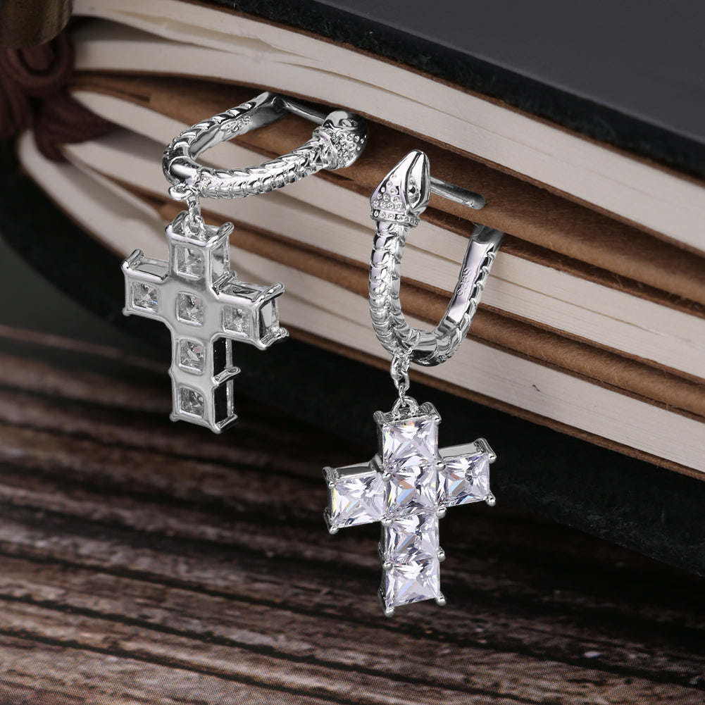 Cross Earrings with Snake Hoop in 925 Sterling Silver-krkcom