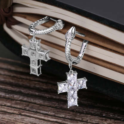 Cross Earrings with Snake Hoop in 925 Sterling Silver-krkcom