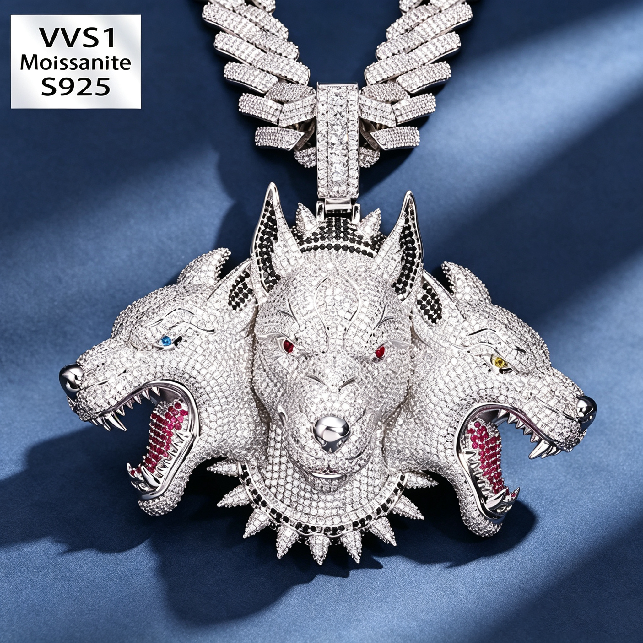 Moissanite Three-Headed Dog Pendant