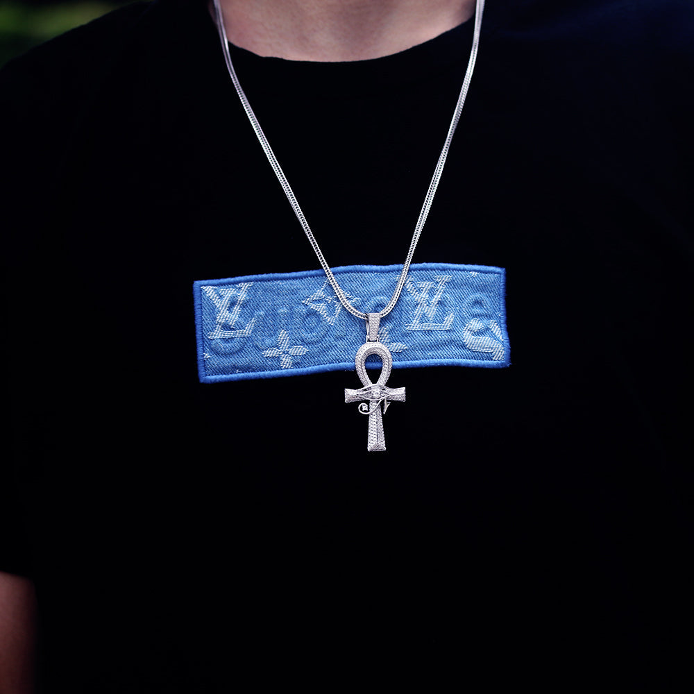 Iced Out The Eye Of Horus Ankh Mens Cross Pendant in White Gold KRKC 