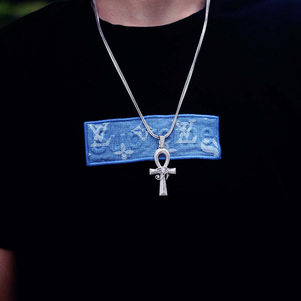 Iced Out The Eye Of Horus Ankh Mens Cross Pendant in White Gold KRKC 