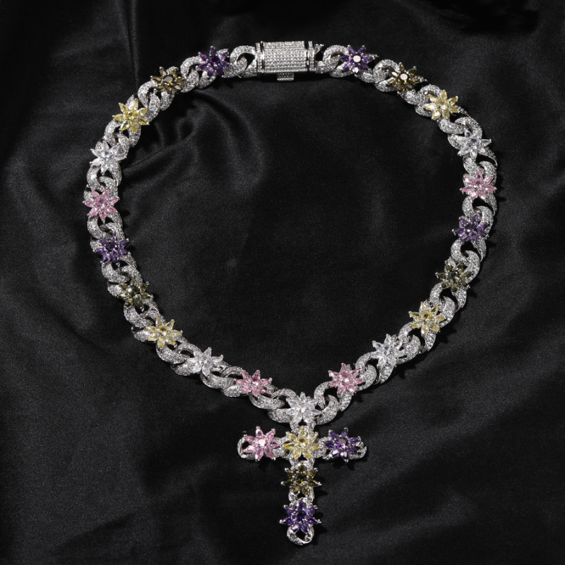 Moissanite Colored Ice Flower Cross Chain