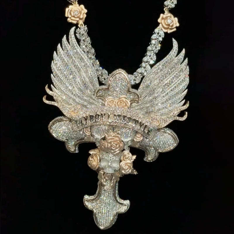 Moissanite "FlyBoy Lifestyle" Letter Wings Rose Cross Pendant