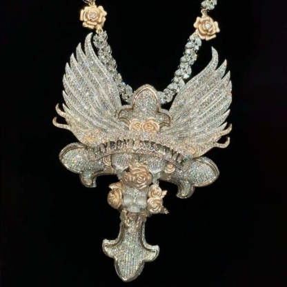 Moissanite "FlyBoy Lifestyle" Letter Wings Rose Cross Pendant