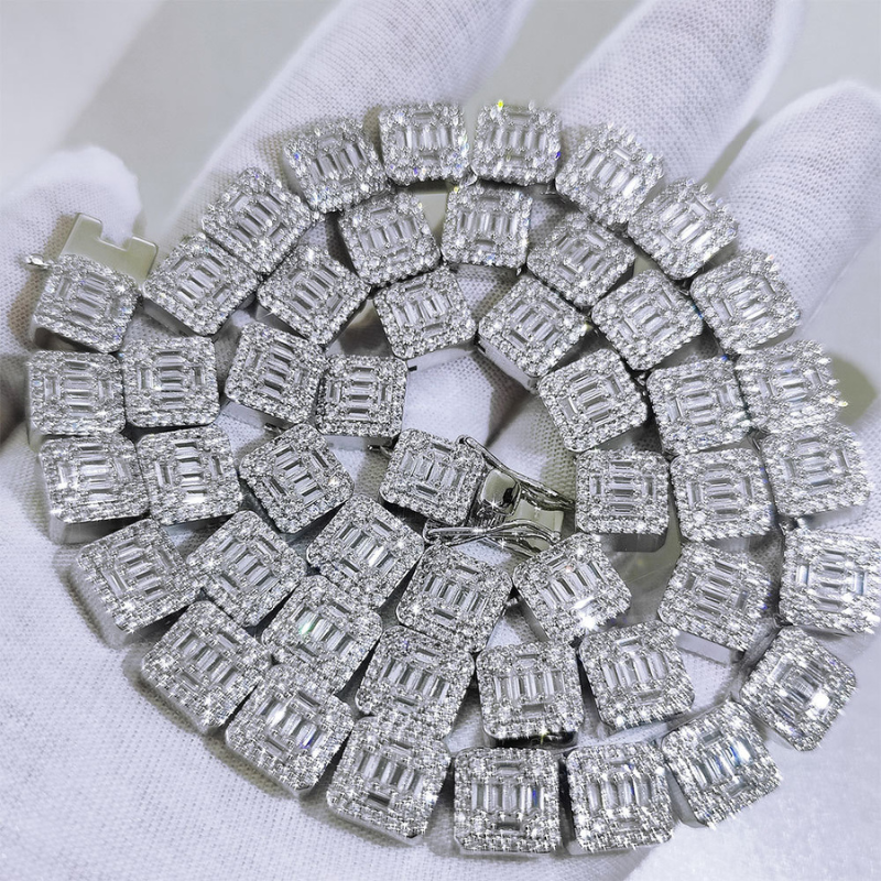 10mm Moissanite Rock Sugar Baguette Chain