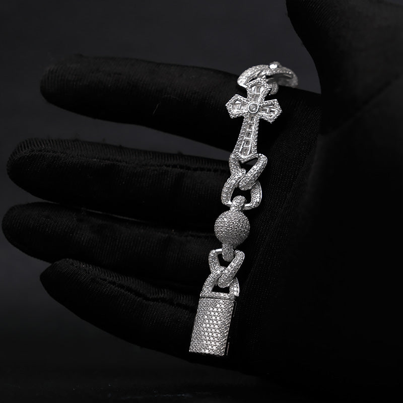 Iced Out Moissanite Cross & Round Ball Bracelet