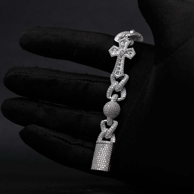 Iced Out Moissanite Cross & Round Ball Bracelet