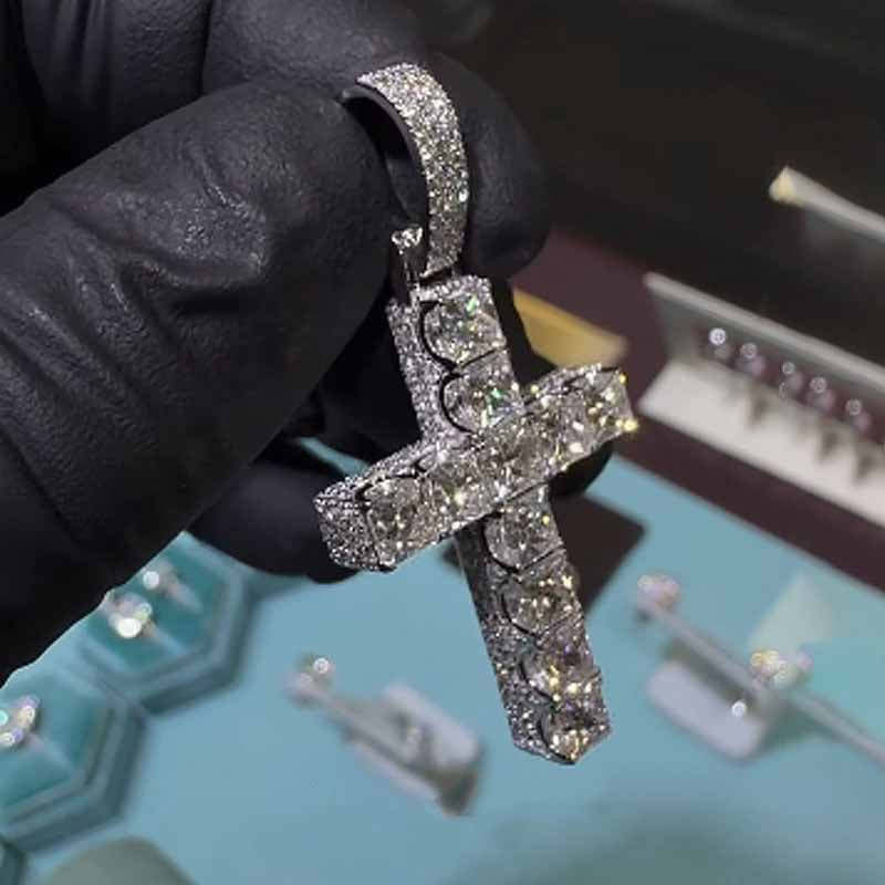 Full Pave Princess cut Moissanite Cross Pendant