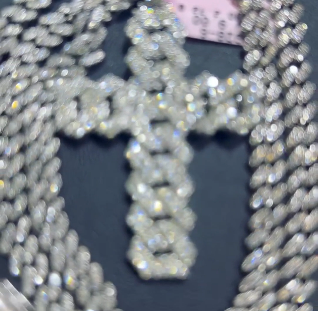 Ice Out Moissanite Cross Cuban Pendant Cuban Chain Set