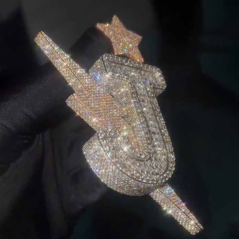 Moissanite Hip Hop 3D Star Lightning Letter "J" Pendant