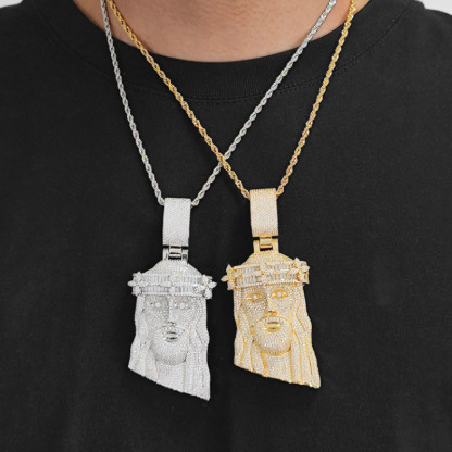 Moissanite Square Diamond Four-leaf Clover Head Decorated with Jesus Pendant