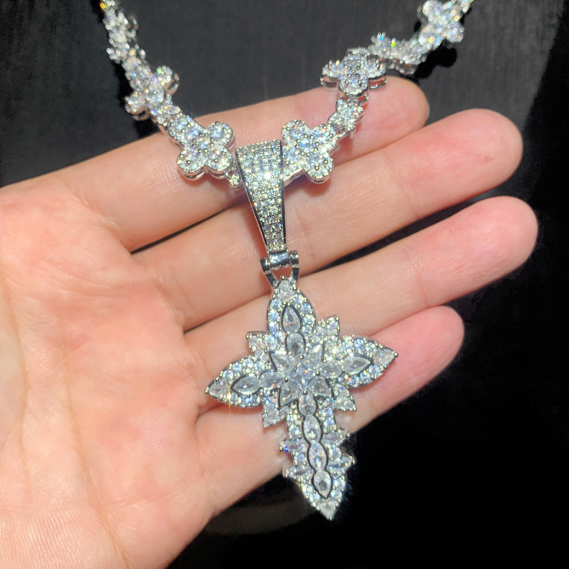 Moissanite Ice Lotus Flower Cross Pendant Chain Set