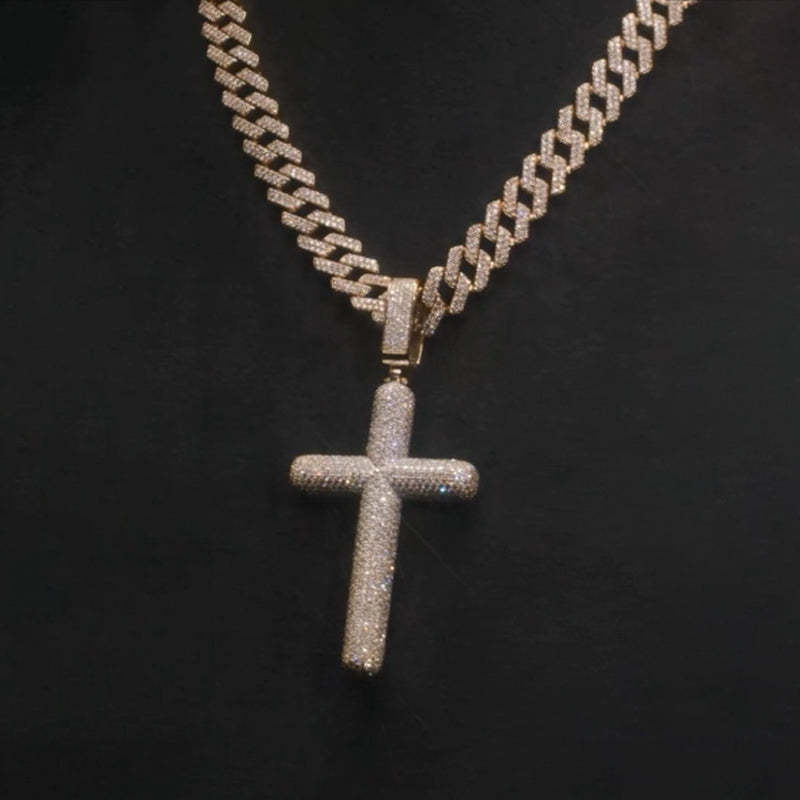 Moissanite Cross Pendant Cuban Chain Set