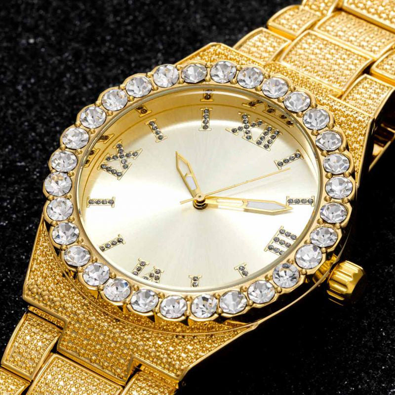 43mm Iced Round Cut Roman Numerals Men's Watch in Gold