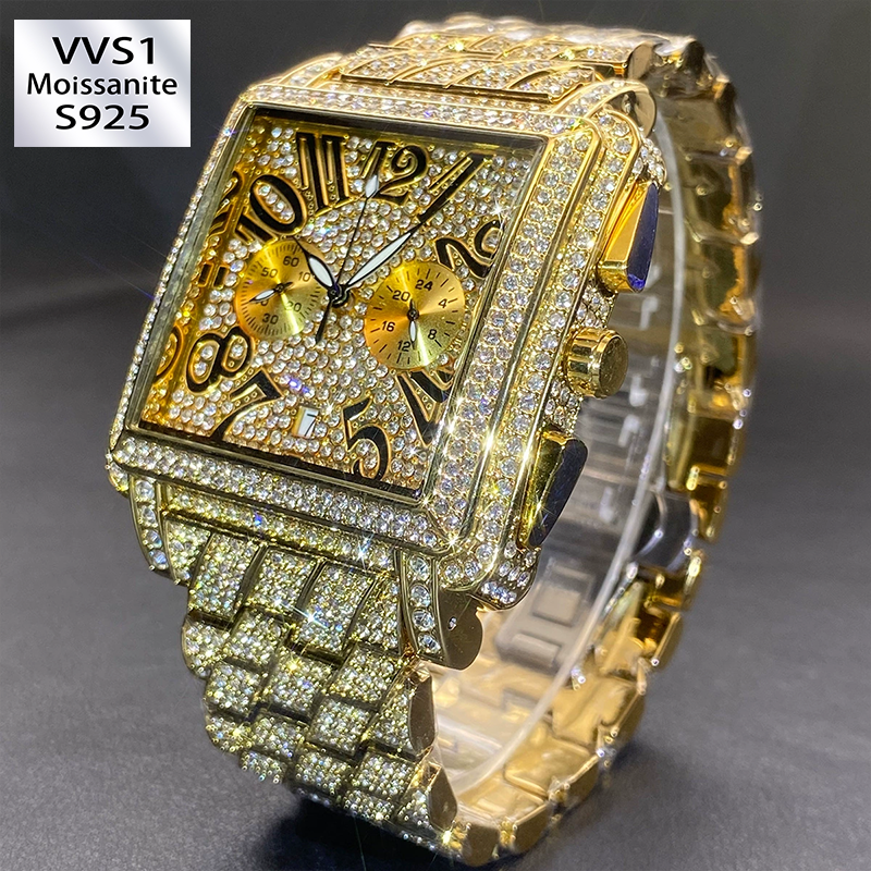 Moissanite watch with a square case stylized numerals.