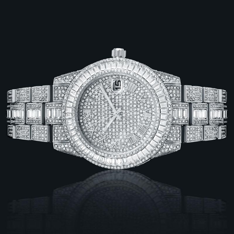 Iced Baguette Cut Roman Numerals Men's Watch in White Gold