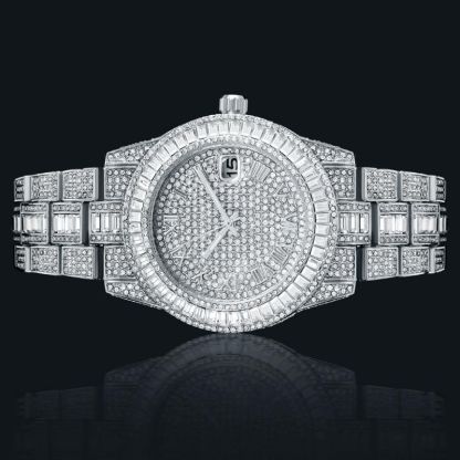 Iced Baguette Cut Roman Numerals Men's Watch in White Gold