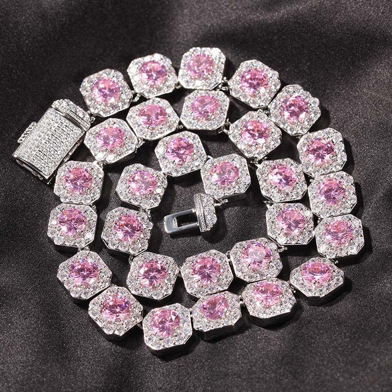 12mm Pink Clustered Moissanite Tennis Chain in White Gold