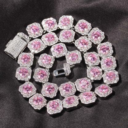 12mm Pink Clustered Moissanite Tennis Chain in White Gold