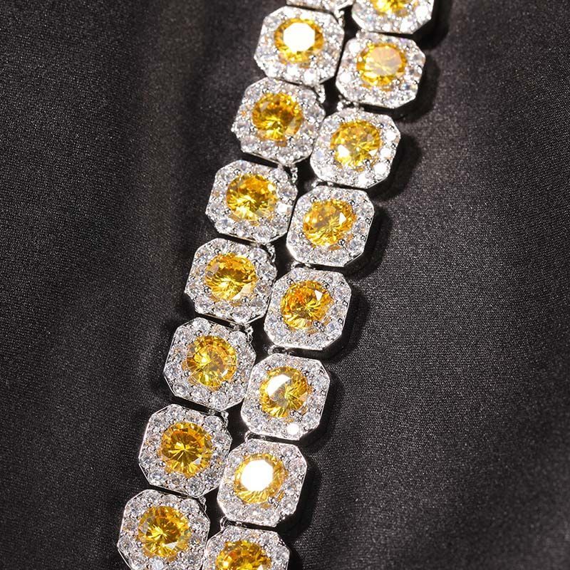 12mm Moissanite Yellow Handset Clustered Tennis Chain in White Gold