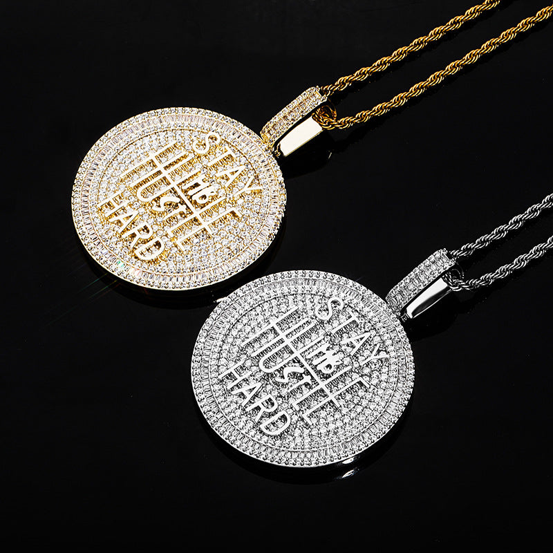 Moissanite Ice Baguette Cut Keep Calm Round Pendant