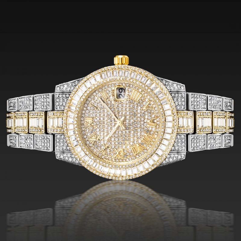 Iced Two Tone Baguette Cut Roman Numerals Men's Watch