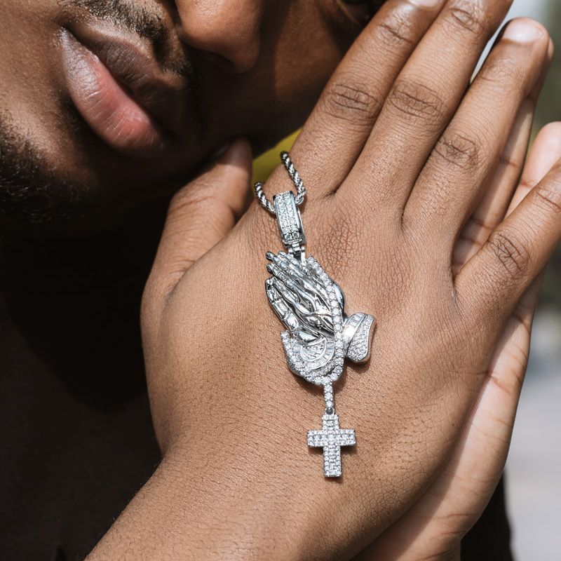 Moissanite Iced Praying Hands Holding Tennis Chain Cross Pendant