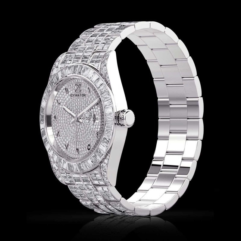 Full Iced Arabic Numerals Date Display Men's Watch in White Gold