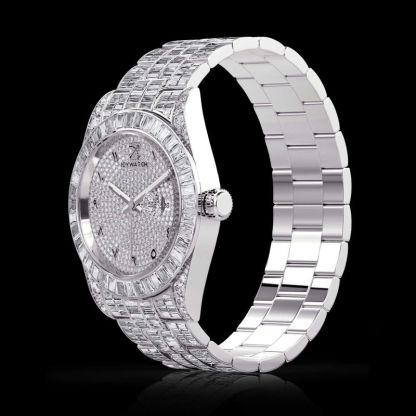 Full Iced Arabic Numerals Date Display Men's Watch in White Gold
