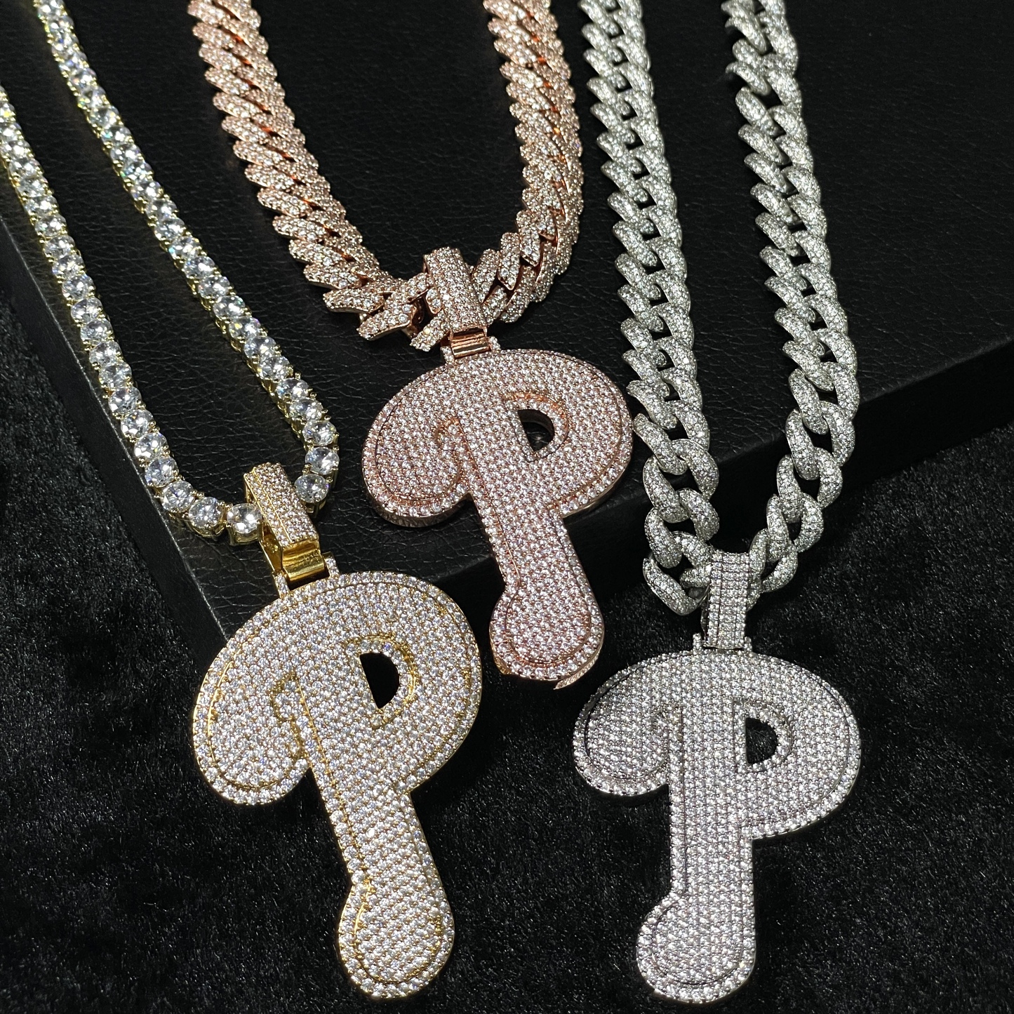 Moissanite Sparkle Letter "P" Full Diamond Pendant Chain Set