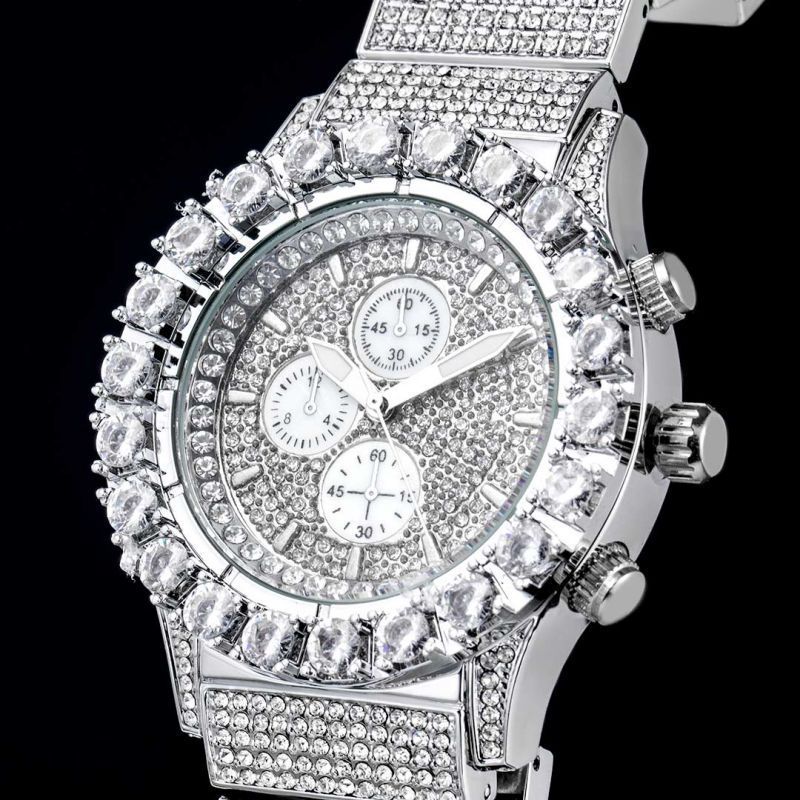Iced Round Cut Moissanite Watch+3mm Tennis Bracelet Set in White Gold